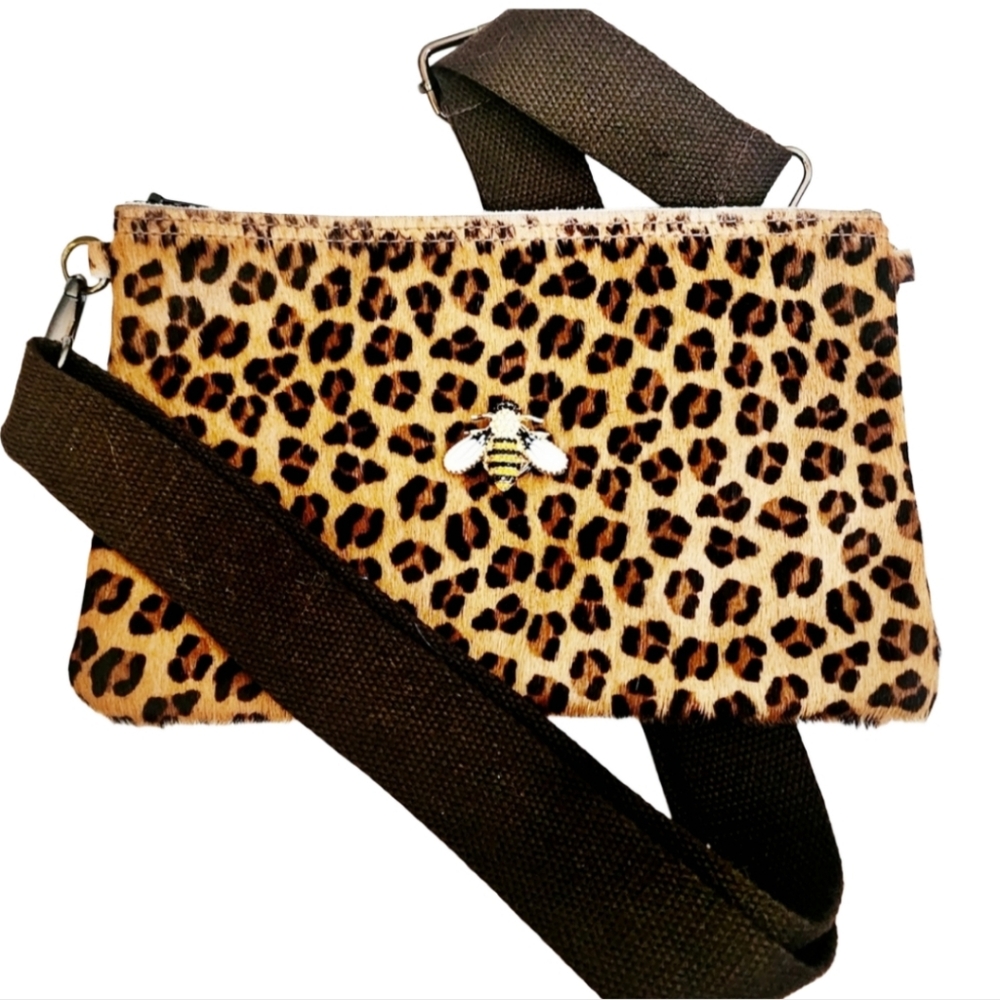 Leopard Print Hair on Hide Crossbody Bag with Bee Snap Charm & Adjustable Strap - Picture 2 of 9